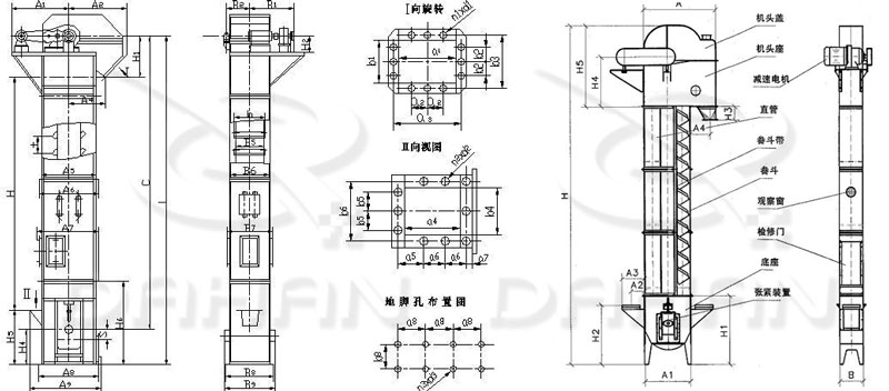 TD/D型斗式提升機基本結(jié)構(gòu):機頭蓋，機頭座，減速電機，直管，底座，緊張裝置等。