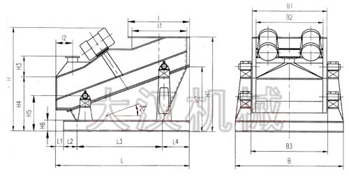 ZSG礦用振動篩外形示意圖：B為礦用振動篩寬度，L為礦用振動篩長度。H為礦用振動篩高度等。