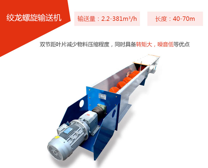 絞龍螺旋輸送機輸送量：2.2-381m3/h 長度：40-70m 雙節(jié)距葉片減少物料壓縮程度，同時具備轉(zhuǎn)矩大，噪音低等優(yōu)點。