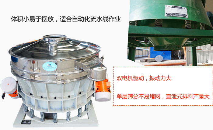 雙電機驅(qū)動，振動力大，單層篩分不易堵網(wǎng)，直泄式排料產(chǎn)量大